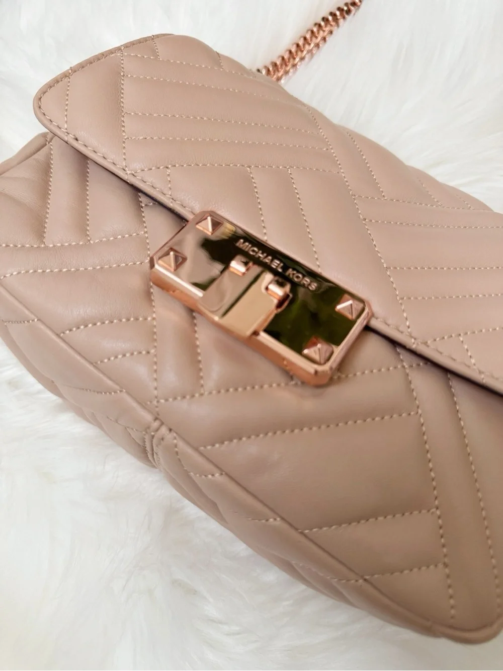 Michael Kors Quilted Blush Shoulder Bag with Rose Gold Chain